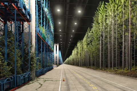 Fotomontage eines Waldes in einer Lagerhalle