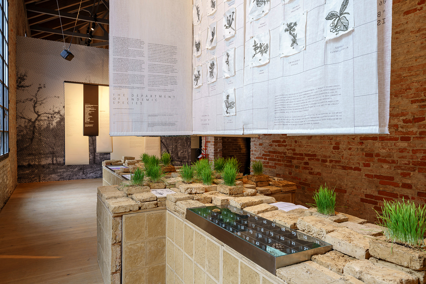 Ausstellungsraum mit Wänden aus rostrotem Backstein, Boden aus Holz und Pflanzen