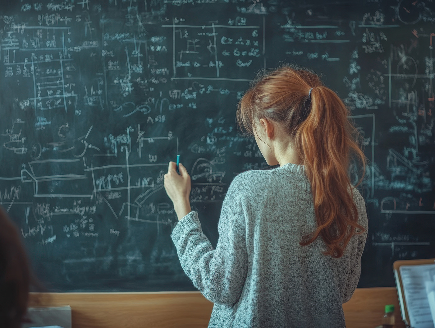 Junge Frau vor einer Tafel mit mathematischen Formeln