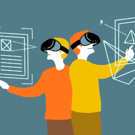 Illustration mit zwei Menschen in orangefarbenen und gelben Pullovern und VR-Brillen auf den Köpfen.