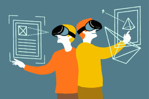 Illustration mit zwei Menschen in orangefarbenen und gelben Pullovern und VR-Brillen auf den Köpfen.