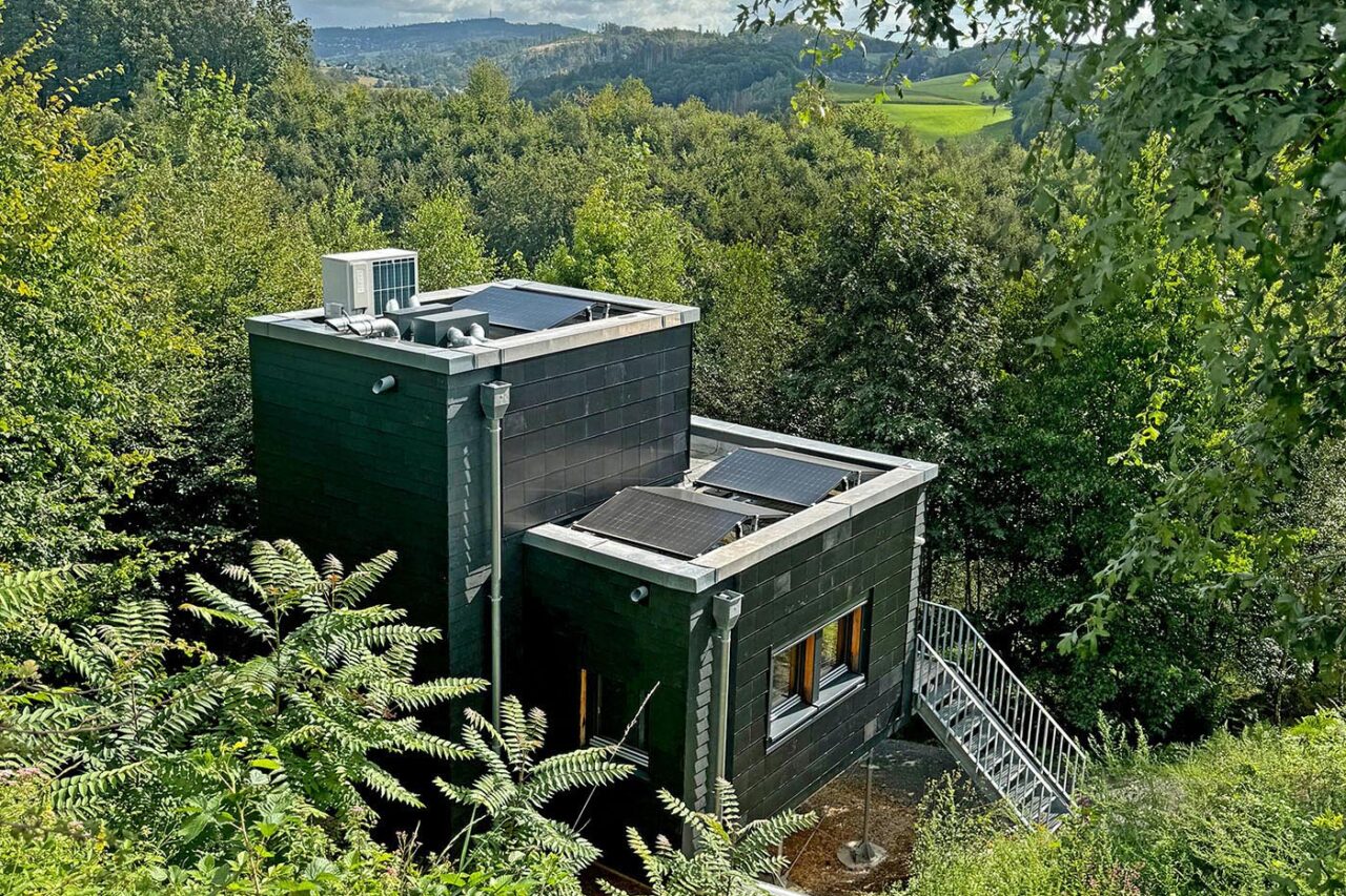 Modellhaus mit schwarzer Ziegelfassade inmitten von Büschen und Bäumen.