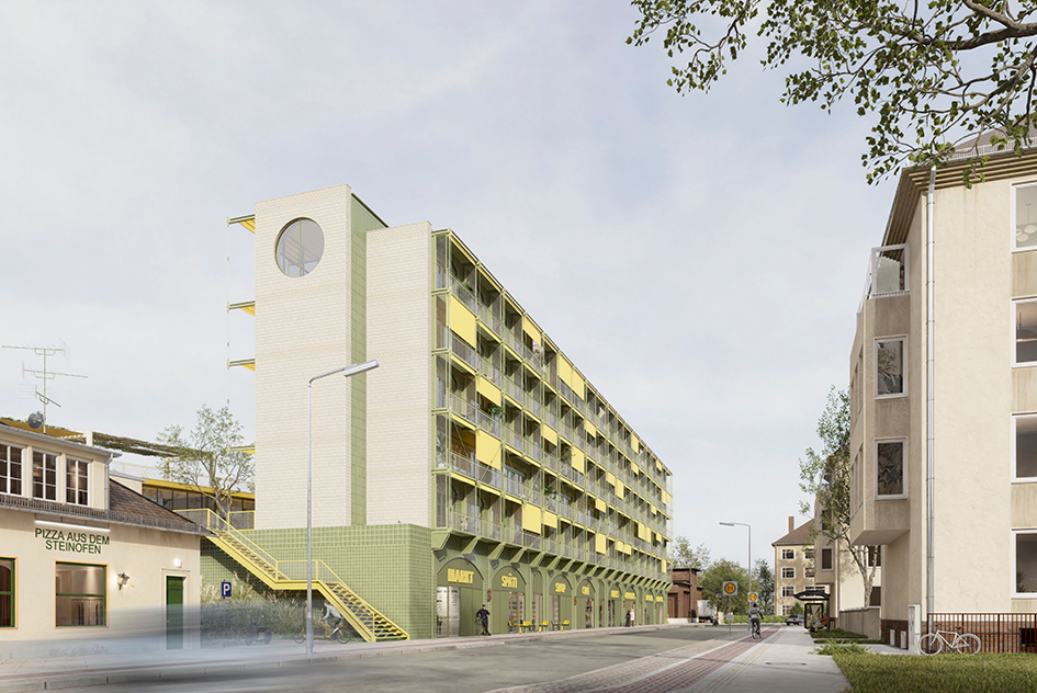 Rendering des Gebäuderiegels mit Blick auf die Straßenfassade